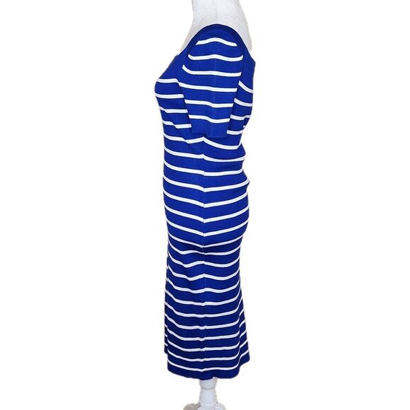 Almost Famous Ribbed Midi Dress Women's Large Cobalt Blue White Stripe Bodycon - Picture 3 of 11